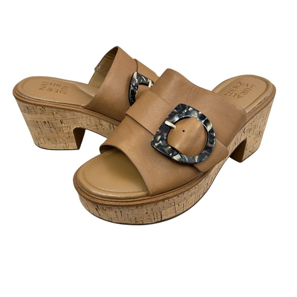 Naturalizer Platform Chunky Mule Sandals Sz 9 Tan Slip On Comfort Boho Clara
